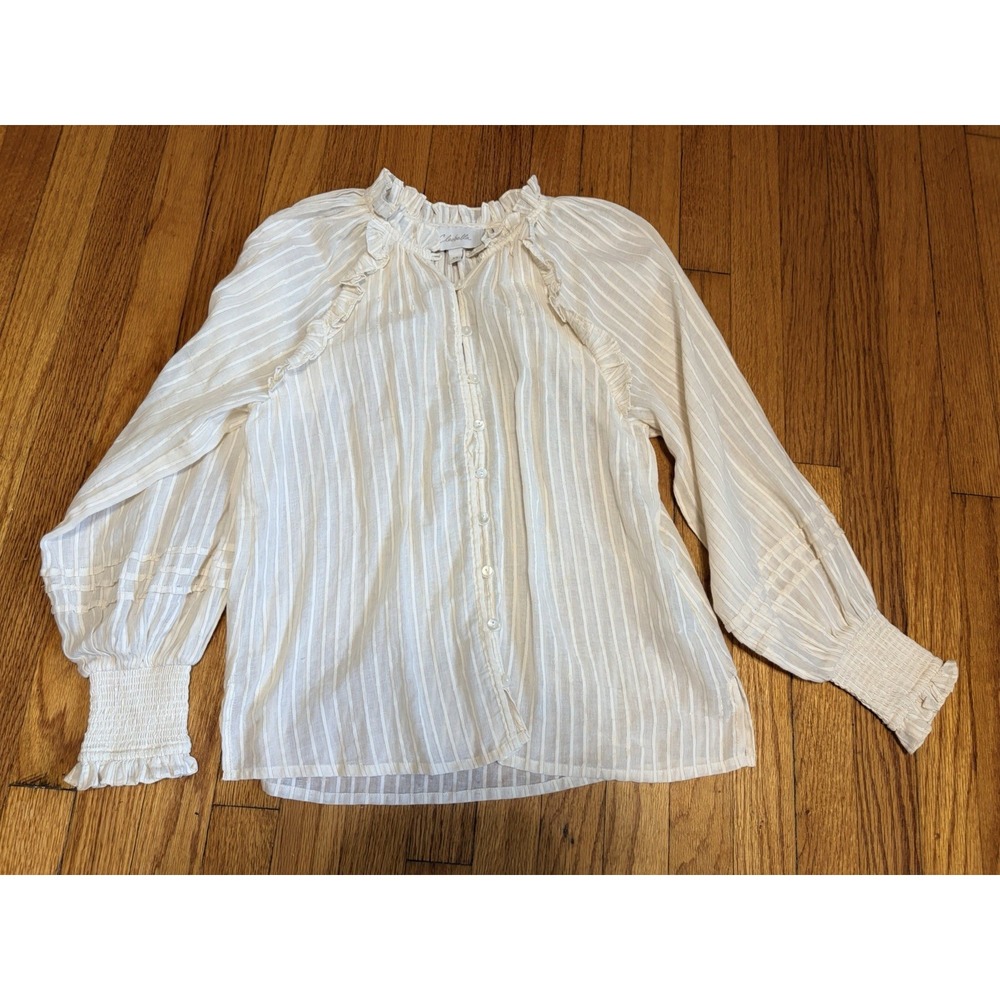 Cleobella Striped Metallic Ruffle V-Neck Blouse Smocked Cuff XS Gold Stripes